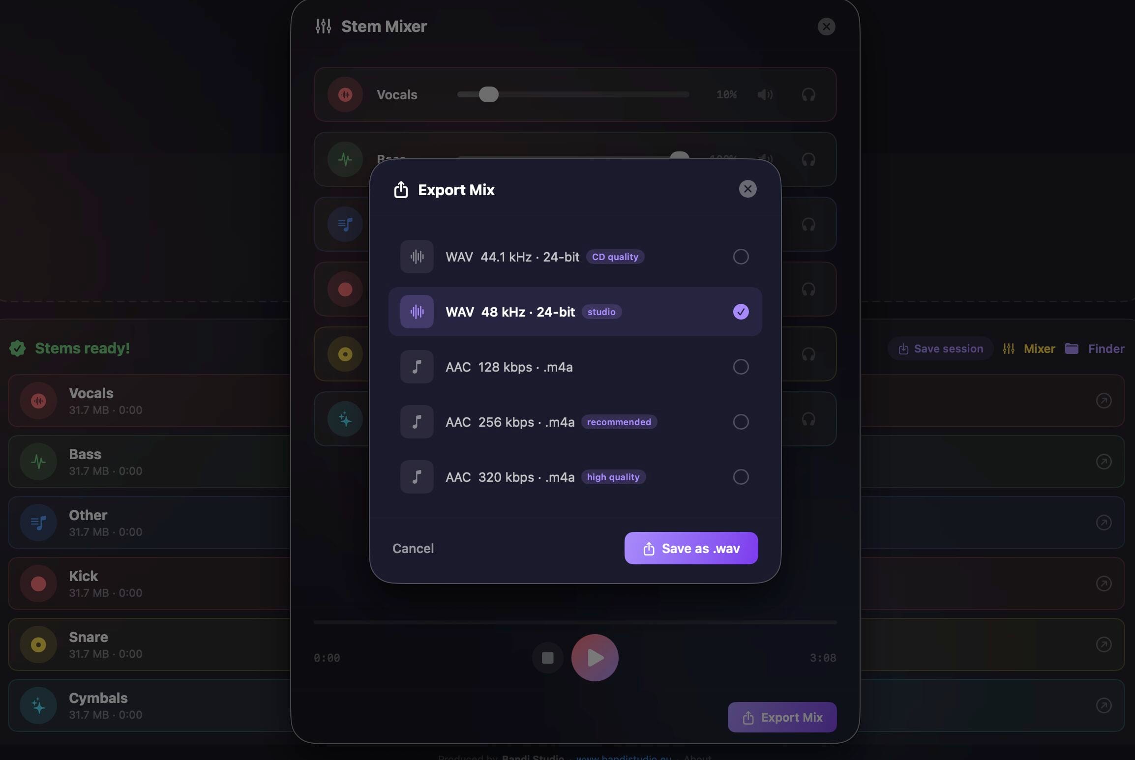 Stemly Split export options