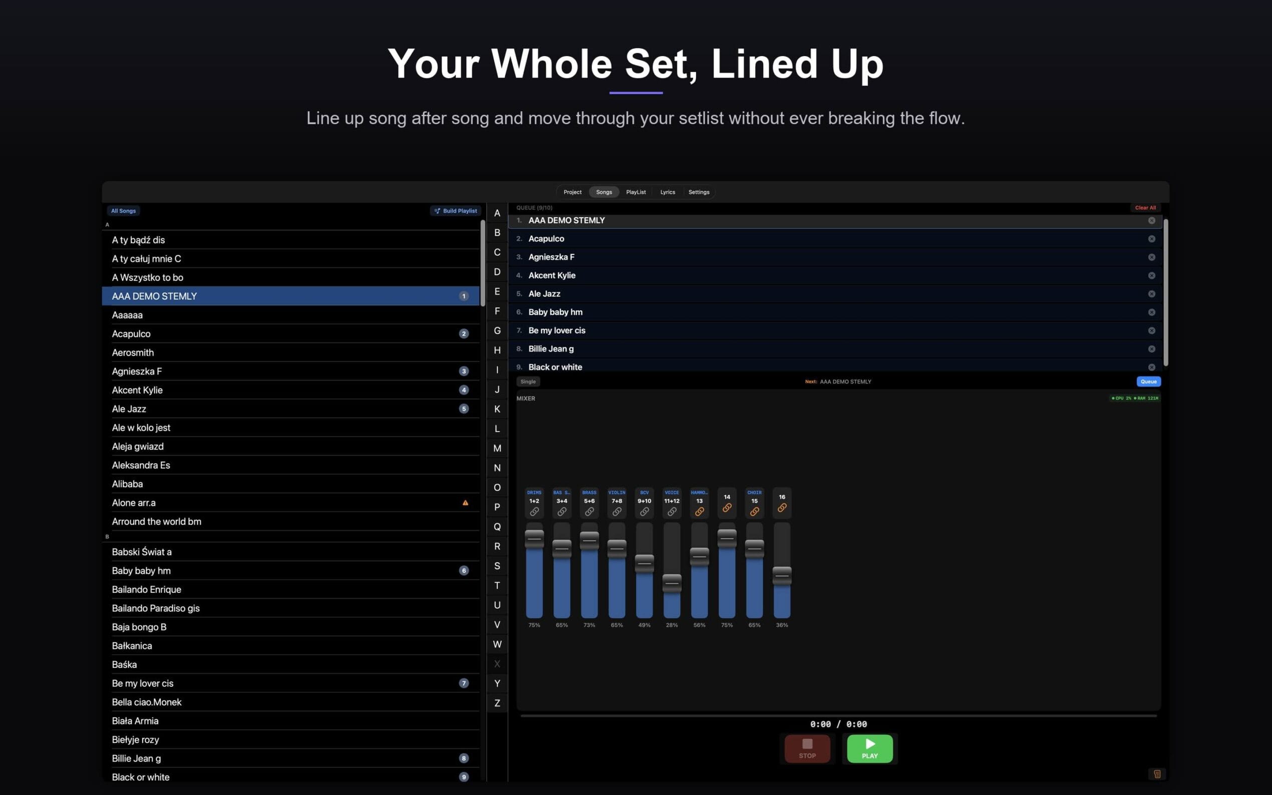 Stemly on Mac — Songs view and queue
