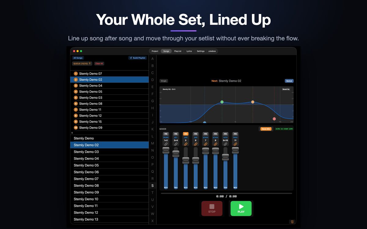 Stemly on Mac — Songs view and queue